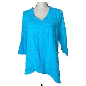 Lulu B Women's Gauzy Tunic in Teal Asymmetrical Hem w/Layered Raw Seams Size M